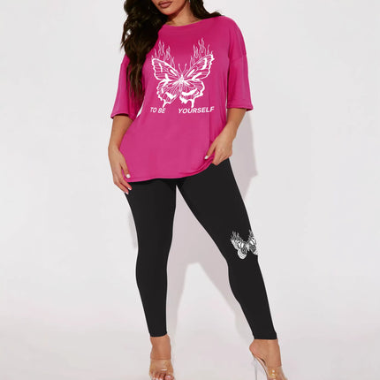 Fashion Joker Short Sleeve Leggings suit Flame Butterfly Print