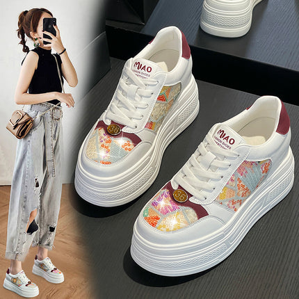 Women's White Sneakers with Hidden Height Increase, 2026 Spring New Model, 9cm Platform Sole, Breathable Sneakers, Korean Style, Genuine Leather Mesh Women's Shoes
