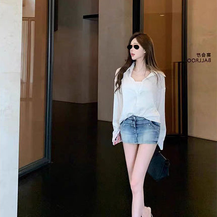 Chill Qiaoer Han Man's Exclusive Washed light blue Denim Bag Hip Skirt Pants