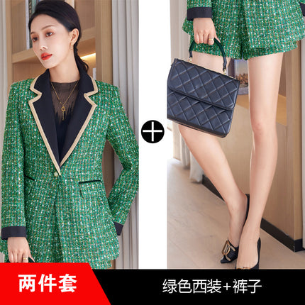 Green Patchwork Tweed Fragrance Waistline Winter Women's Dress Collar Plaid Sequin Single-breasted Jacket with Shorts