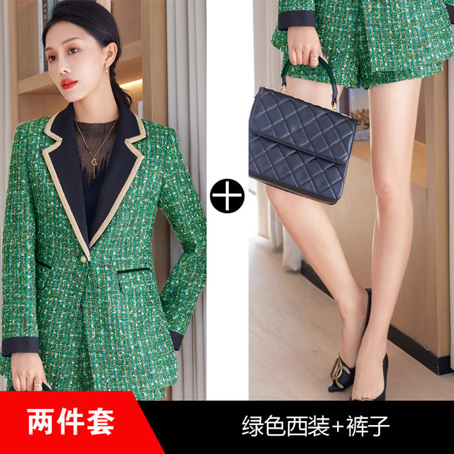 Green Patchwork Tweed Fragrance Waistline Winter Women's Dress Collar Plaid Sequin Single-breasted Jacket with Shorts