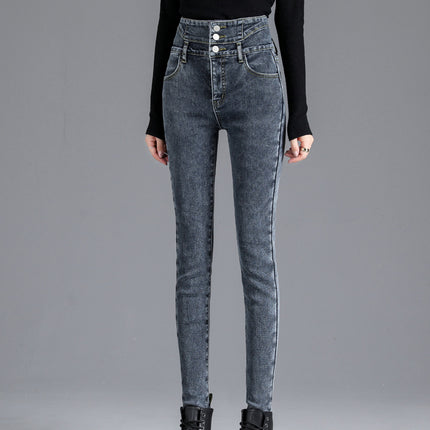 Super High Waist Jeans Women's Skinny 2024 Autumn and Winter New Fashionable fleece-lined Thickened Slimming Tall Pencil Pants