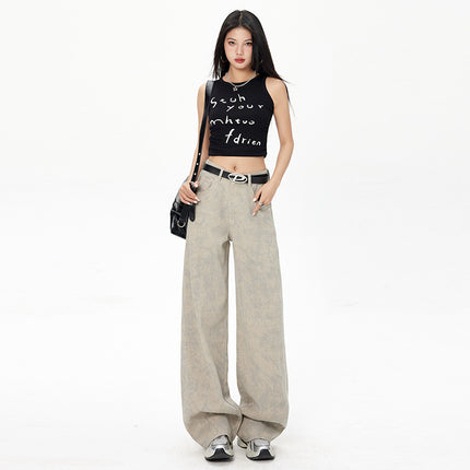 American Tie-Dye Printed Wide-Leg Jeans for Women 2025 Spring and Summer New High-Waisted Loose Versatile Straight-Leg Floor-Length Pants