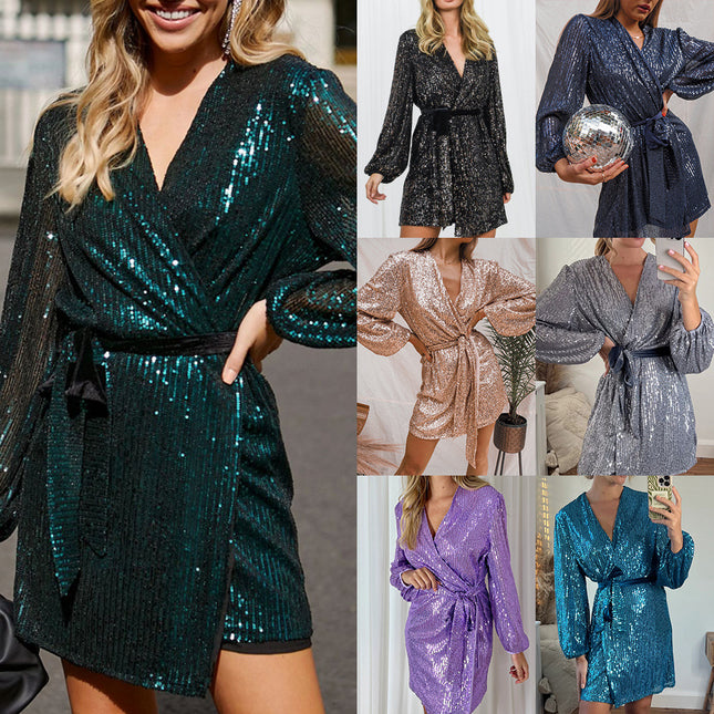 2025 New Sequin Mini Wrap Dress Women's V-Neck Long Sleeve Puff Sleeve Glitter Wrap Party Outfit
