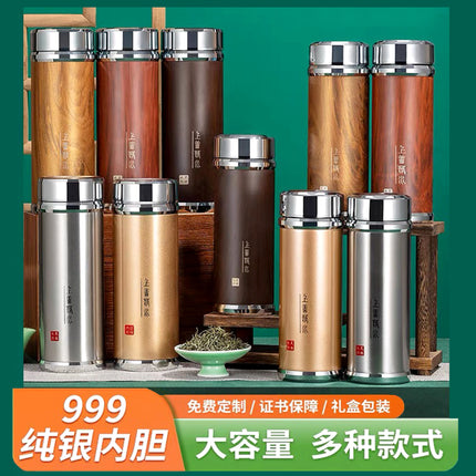 Silver Cup 999 sterling silver liner health cup large capacity vacuum cup snowflake silver tea cup elegant cup lettering