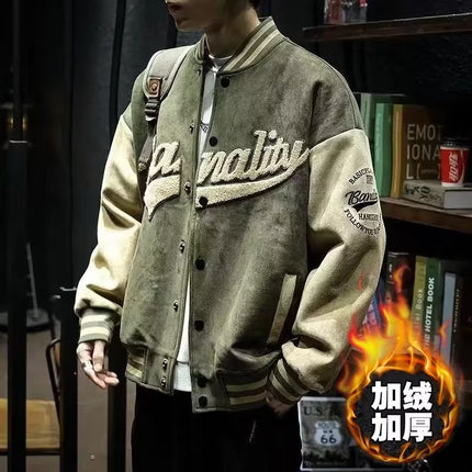 Suede Baseball Suit Men's Spring and Autumn American Vintage Jacket Embroidered Loose Towel Velvet Aviator Top Trendy