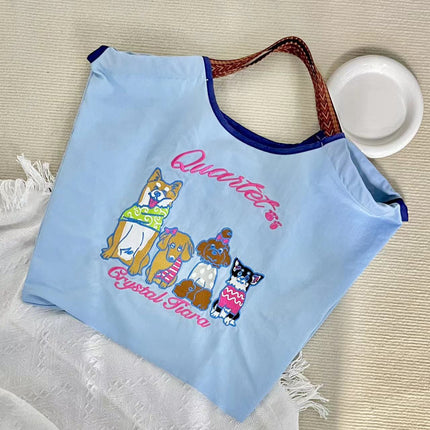 Japanese Style Cat Chai Dog Embroidered Eco-Friendly Cloth Bag Women's Large Capacity New Nylon Handbag Student's All-Match Shoulder Bag