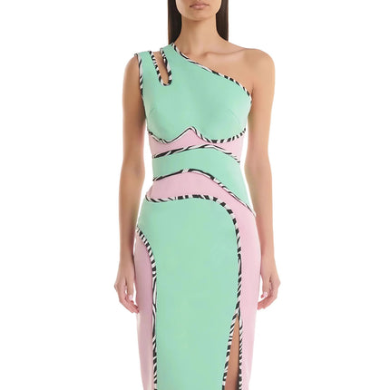 Bandage dress European and American Pink green one-shoulder slit long dress socialite banquet party evening dress