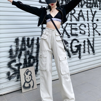 American casual overalls 2025 spring new design sense multi-pocket loose wide leg pants Denim floor pants