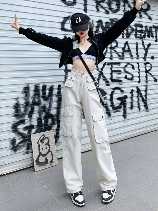 American casual overalls 2025 spring new design sense multi-pocket loose wide leg pants Denim floor pants