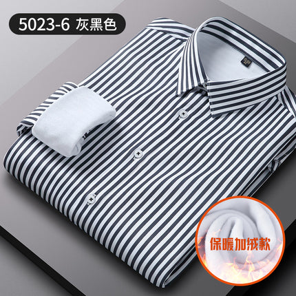 Winter New Elastic Warm One-piece Velvet Casual Men's Shirt Business Cold-proof fleece-lined Striped Shirt for Middle-aged and Elderly