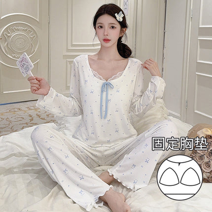 [D] New Spring Long Sleeve Comfortable Draped Bow Lace suit Home Clothes Women's Pajamas
