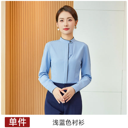 Elegant White Long-sleeved Shirt Spring and Autumn New Business Dress Dress Overalls Round Neck Buckle Women's Shirt
