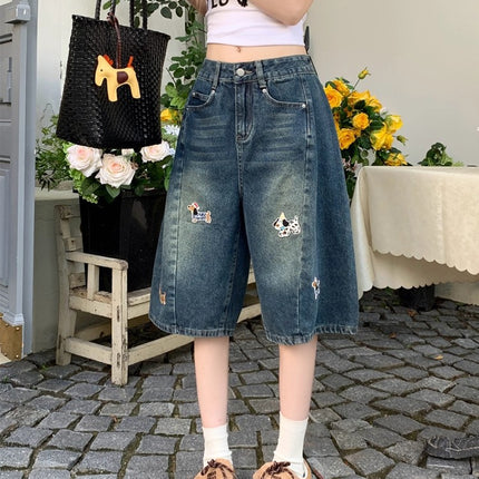American Retro Dog Embroidery Jeans for Women, Summer New High-Waisted Wide-Leg Straight Pants