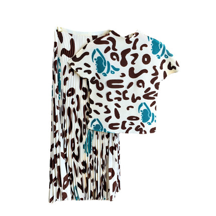 Miyake 2025 New Niche Design Slim-Fit Top and Skirt Set for Women, Pleated Print Two-Piece Set