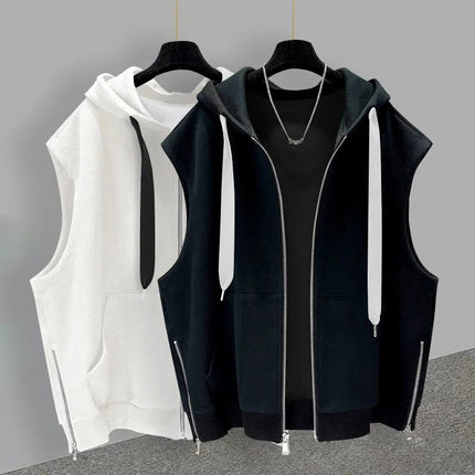 Hong Kong-style hooded vest men's outerwear handsome trend handsome zipper slit design sense sleeveless vest loose all-match