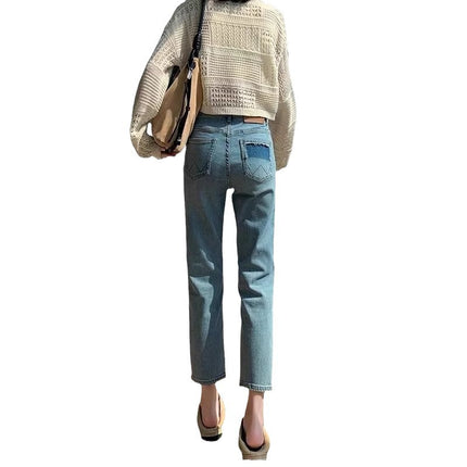 High Waist Slimming Straight Jeans Women's Autumn Thin New Arrival Casual All-match Design Nine-point French Stick Pipe Pants