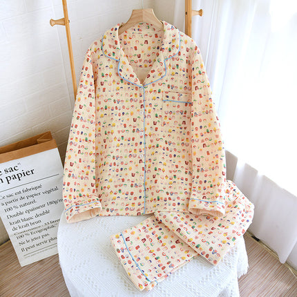 Autumn and Winter Air Cotton Sandwich Pajamas Women's Cardigan Casual Graffiti Baby Printed Fresh and Cute Home Clothes Set