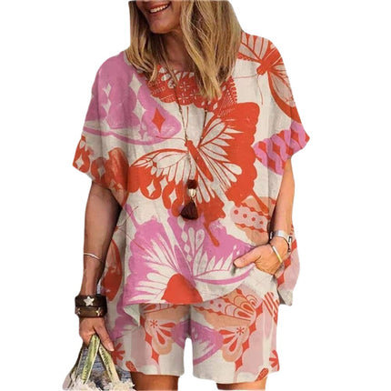 Amazon Cross-border Spring and Summer plus size Loose chubby girl Elegant Casual Western Style Age-reducing Printed Short-sleeved Sports suit