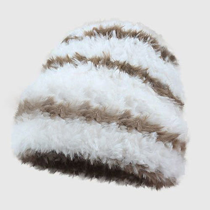 Winter color matching Korean style women's striped face-looking plush warm knitted wool hat big head circumference ear protection pile hat