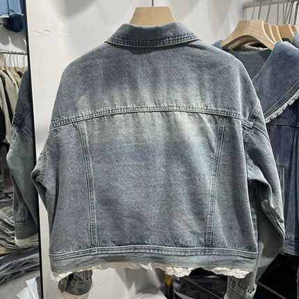 Lace stitching spring Korean retro Denim short coat this year's popular women's lapel design jacket