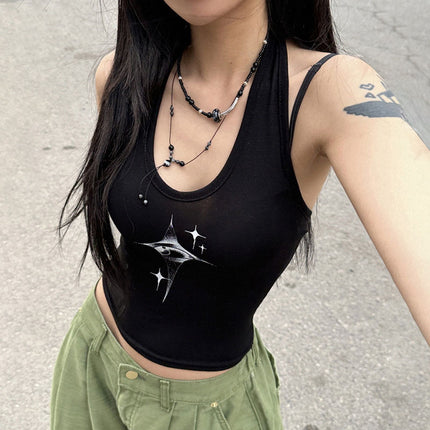 2024 European and American Summer New Women's U-Neck Tight-Fitting Ultra-Short Star Eye Print Halter Vest
