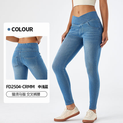 Cross-Border New Style Whiskered High-Waisted Straight-Leg Jeans for Women, High-Stretch Tight-Fitting Double-Pocket Fitness Casual Pants