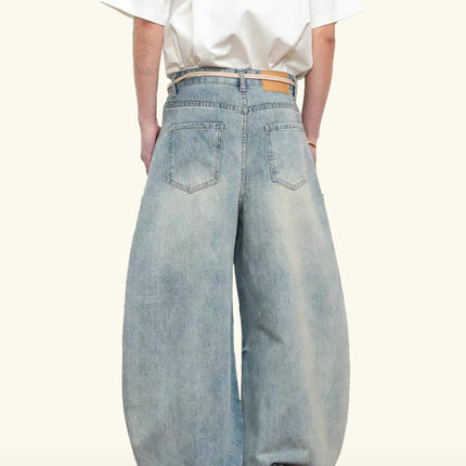 American Style Vintage Washed Cat Whiskers light blue Scimitar Jeans Unisex Wide Leg cleanfit Scythe Jeans