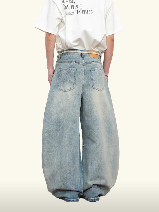 American Style Vintage Washed Cat Whiskers light blue Scimitar Jeans Unisex Wide Leg cleanfit Scythe Jeans