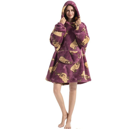Cross-border New Printed Flannel Pullover Adult Cotton Velvet Lazy Clothing Cape Nightgown Warm Thickened Cold-proof Clothing