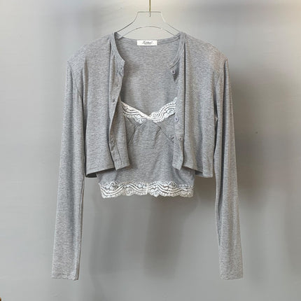 South Korea Dongdaemun Sexy Belt Chest Pad Chest Show Large Lace Camisole Vest + Shoulder Pad Cardigan Two-piece Suit Top