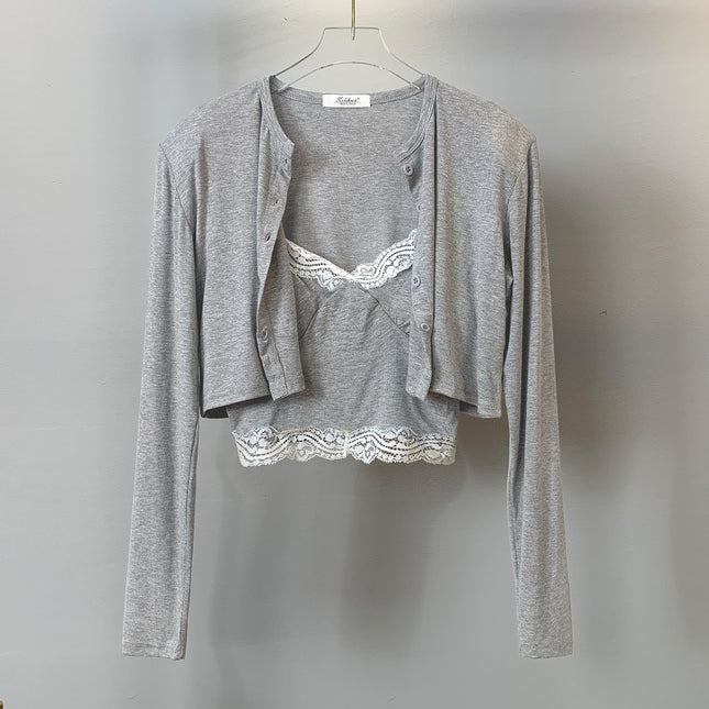 South Korea Dongdaemun Sexy Belt Chest Pad Chest Show Large Lace Camisole Vest + Shoulder Pad Cardigan Two-piece Suit Top