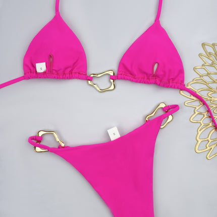 In-Stock 2025 New Style Two-Piece Bikini Swimsuit for Women, European and American Fashion, Sexy Accessories, Buckle Nylon Solid Color Swimwear