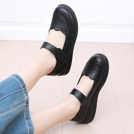 Genuine Leather Round Head Widened Women's Shoes Summer Flat Heeled Soft Bottom Mother Shoes Breathable Comfortable Hollow Hole Shoes Factory Outlet