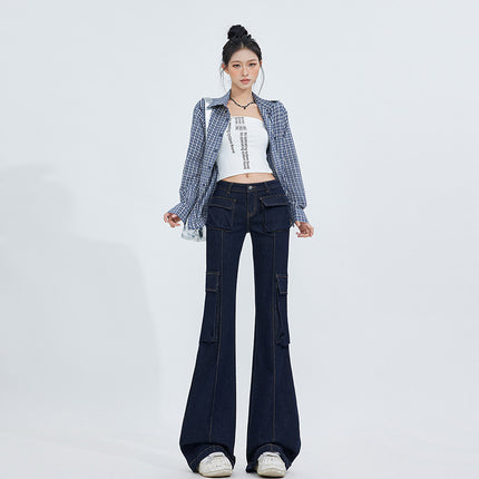Bumi House# Factory Direct Tannin Color Micro-La Jeans Women's American Retro Fashion High-end Sense Low Waist Cute Pants