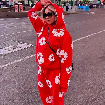 Cross-border Flower Printed Trendy Brand Same Style Hooded Sweater European and American Loose Hoodie Men's and Women's Sweater suit Men's Trendy Brand