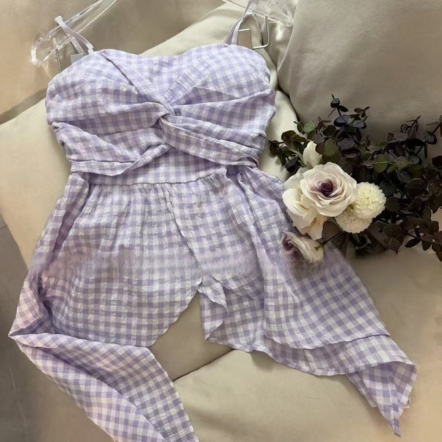 Celebrity Style Irregular Plaid Suspender Top with Bow, Mid-Length Outer Wear and Versatile Tube Top