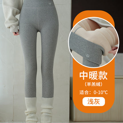 Lamb Wool Thermal Leggings for Women, Winter Fleece-Lined Thick High-Waisted Ribbed Slimming Stretchy Tight Cotton Pants