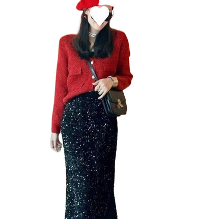 plus size Spring and Autumn New Elegant Velvet Sequin Skirt 2025 High Waist Skirt Fashion Hip-Covering Skirt