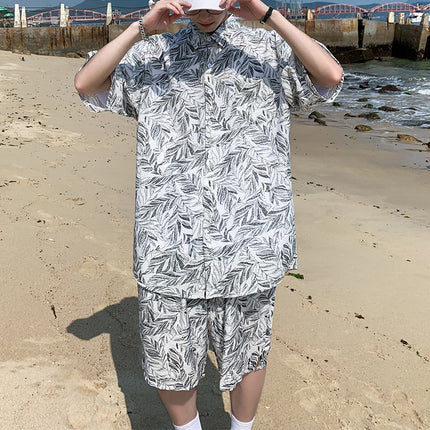 Cross-border 2023 Summer Beach Youth Color Printed Shirt Set Men's Multi-color Loose Shorts Shirt Set
