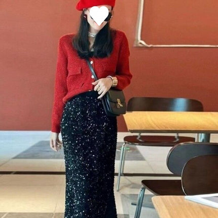 plus size Spring and Autumn New Elegant Velvet Sequin Skirt 2025 High Waist Skirt Fashion Hip-Covering Skirt