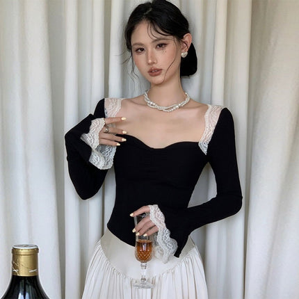 L138TP Solid Color Lace Stitching Long-sleeved French Elegant Slim-fit Short T-shirt Lotus-sleeved 2024 Autumn Women's Top