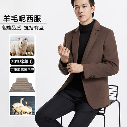Men's Business Casual Suit Jacket Autumn and Winter Classy Thickeneded Removable down Double-Sided Woolen Outwear