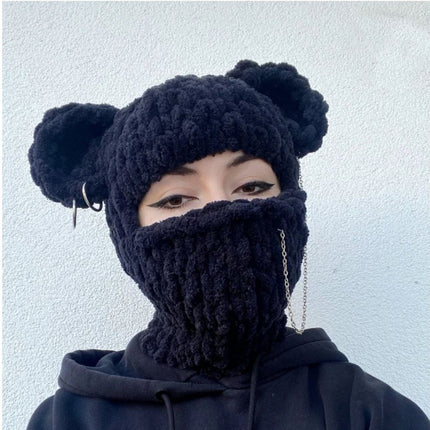 Bear Mask Headgear Sweet Cool Spice Girl Style European and American Handmade Knitted Thickened Wool Warm Hat Cute Autumn and Winter Hat