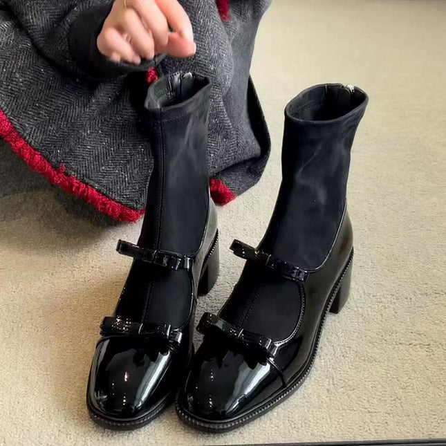 Chengdu Style ~ Small Fragrant Bow Thick Heel Short Boots for Women 2025 New High Heel Slim Boots Elastic High Boots