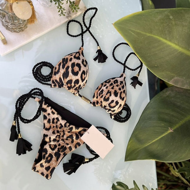 European and American Cross-border New Women's Triangle Bag Rope Bikini Solid Color Sexy Pendant Tassel Swimsuit Women's Bikini
