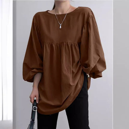 Autumn 2022 New Large Size Women's Cotton and Linen Round Neck Long Sleeve Top Fashion Casual Solid Color Cotton and Linen Shirt for Women