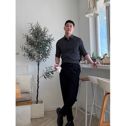 Spring and Autumn Korean Style High-end Sense Light Mature Style Light Business Casual Shirt Men's Slim-fit Hidden Button Long-sleeved Striped Shirt
