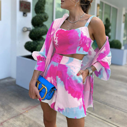 FD828 Spot European Station 2022 Explosions Women's Spring and Summer Temperament Leisure Color Tie-dye Printing Three-piece Set