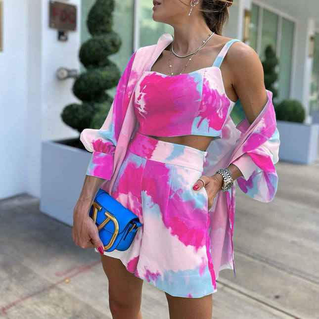 FD828 Spot European Station 2022 Explosions Women's Spring and Summer Temperament Leisure Color Tie-dye Printing Three-piece Set